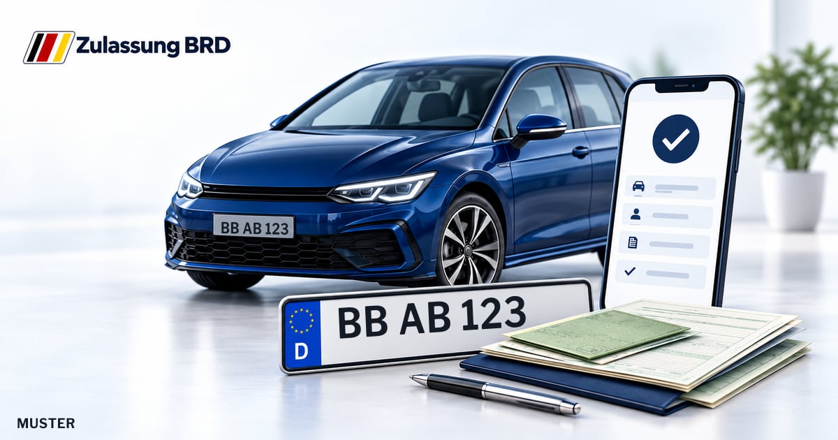 Online Fahrzeugzulassung in Rutesheim: Musterkennzeichen BB AB 123, Auto und Fahrzeugpapiere und Smartphone. Illustration mit Logo von Zulassung BRD.